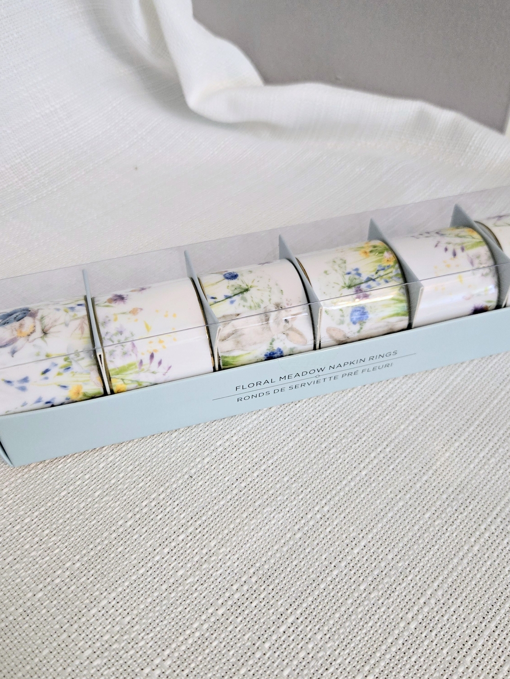 William Sonoma Floral Meadow Napkin Rings Set Of 6 Porcelain Butterfly Rabbit